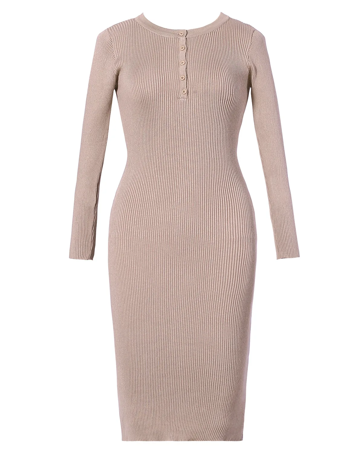 Knitted Buttons Long Sleeve Round Neck Sheath Body Dress Solid Winter Warm Knit Wear Women Sweaters