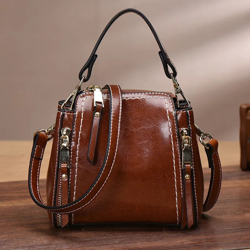 

2019 new Korean version of genuine leather women's bags retro Joker Messenger bag bucket bag ladies fashion shoulder bag