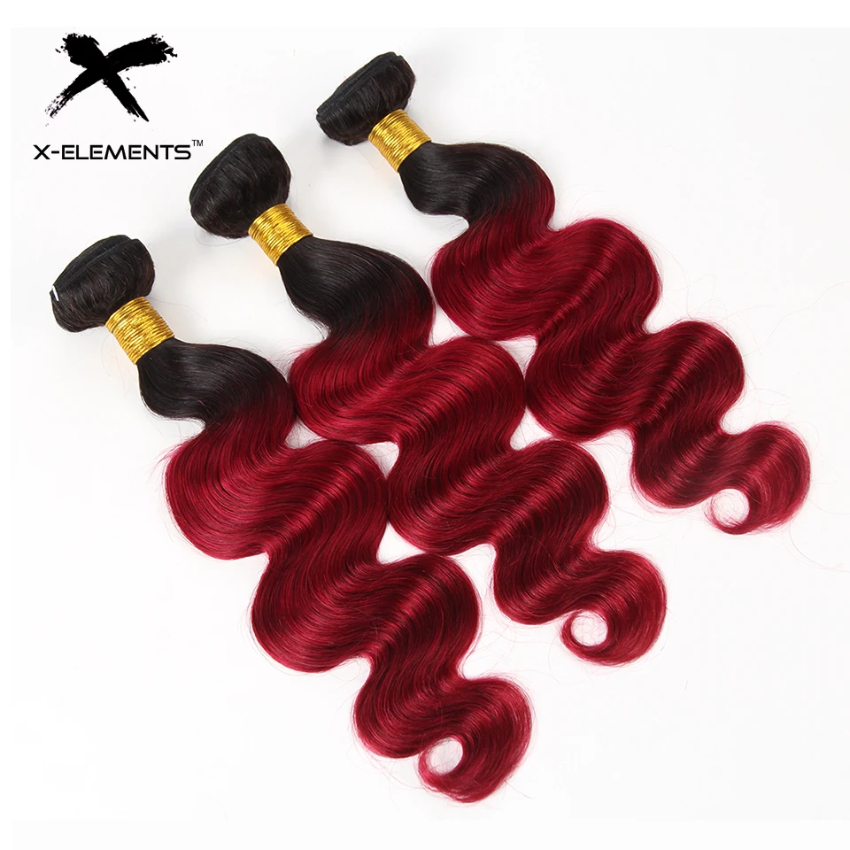 X-Elements Brazilian Ombre Body Wave Hair Bundles T1B 30 Burgundy 39J Purple Colored Human Hair Weave Non-Remy Hair Extensions (10)