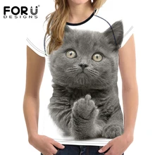 FORUDESIGNS/забавная 3D Футболка с принтом кота среднего пальца, женская футболка с круглым вырезом и коротким рукавом, модная эластичная футболка для женщин