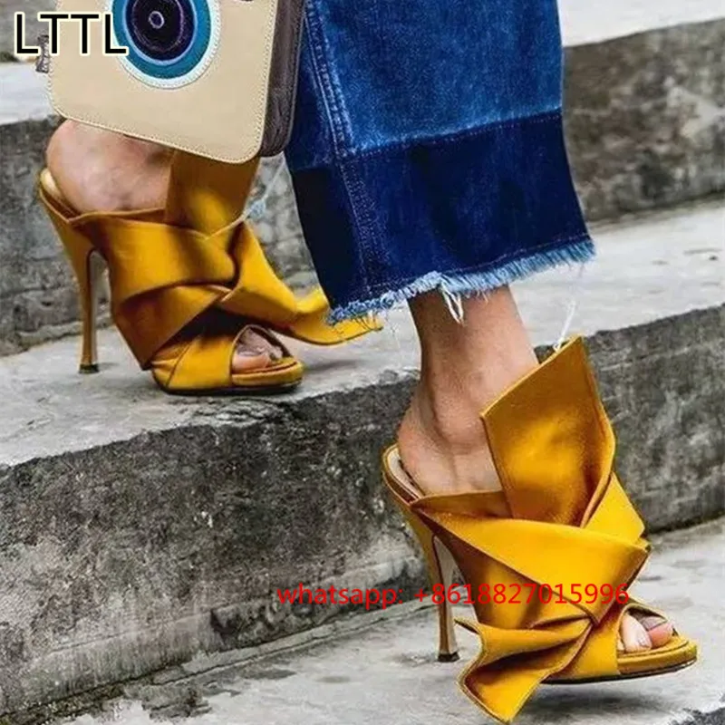 New Fashion Bow Mules High Heels Women Slippers Knot Silk Summer Gladiator Sandals Women Pumps Sexy Ladies Shoes Woman Stiletto