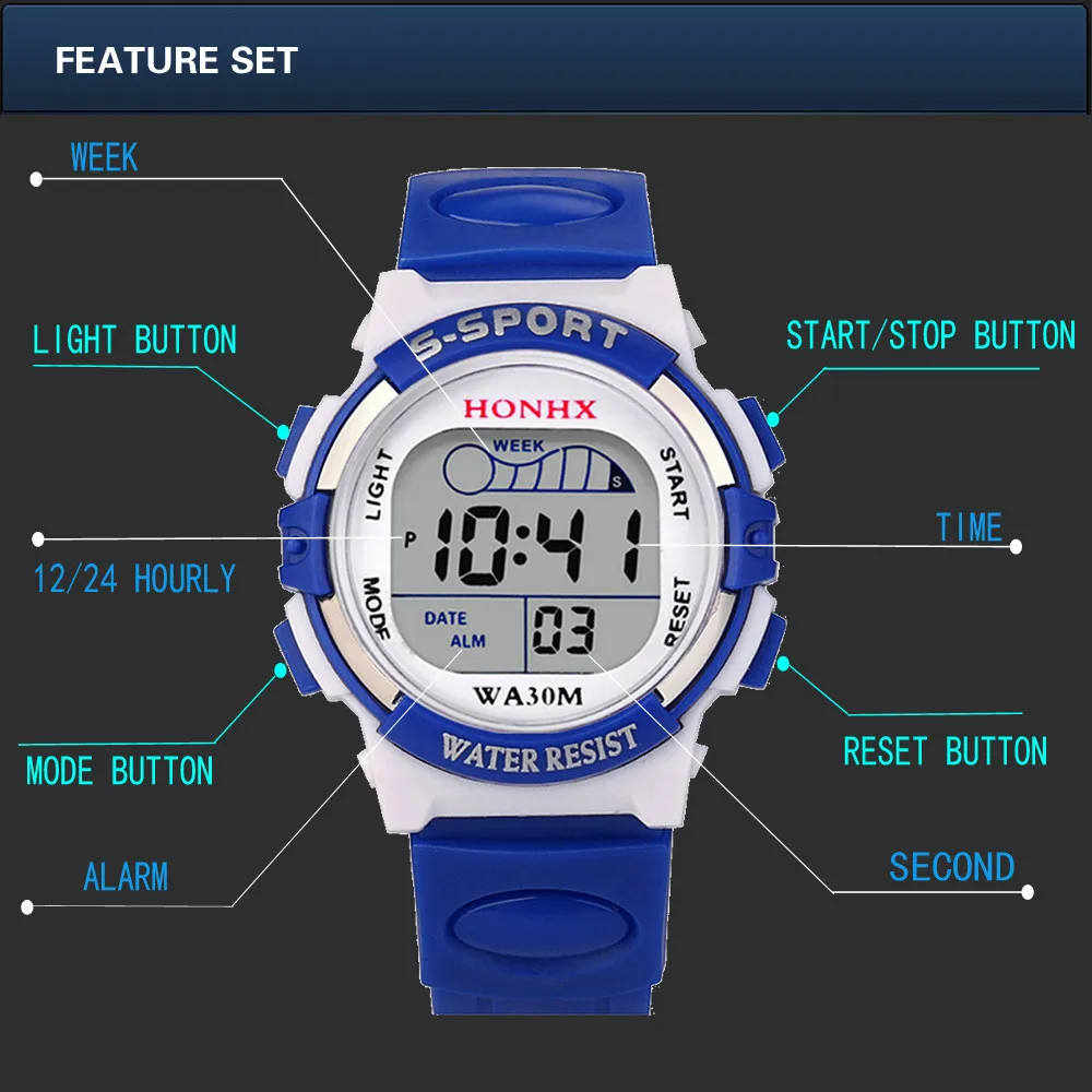 Водонепроницаемый для мальчиков цифровые светодиодные спортивные детские часы будильник Дата часы, часы для детей, подарок