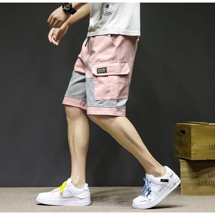 Летние Стильные хип-хоп шаровары шорты по колено шорты в уличном стиле мужские большие карманы розовые карго шорты LBZ114