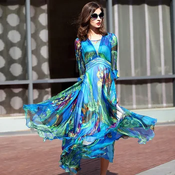 

2019 Women Dresses Long Pleated Dress Plus size Print Vintage Elegant High-grade 100% Real silk For Female Summer
