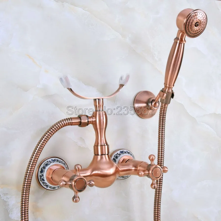 

Antique Red Copper Bathroom Shower Faucet Mixer Tap W/ Handheld Shower Wall Mount lna343