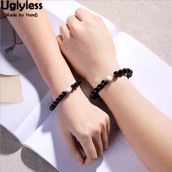

Uglyless 100% Real 925 Sterling Silver Fine Jewelry for Women Elastic Rope Beading Obsidian Bracelets Lovers Beads Bracelets
