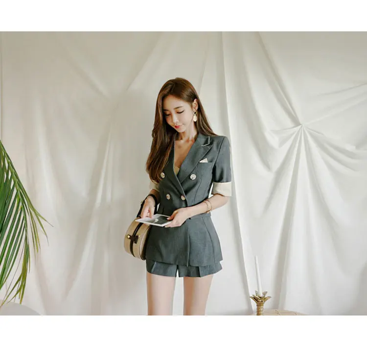 Летние новые корейские дамы с коротким рукавом блейзер+ модные тонкие шорты две части Карманы Кнопка