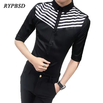 

Classic Black White Patchwork Men Striped Shirt Summer Business Casual Work Korean Slim Fit Social Three Quarter Sleeve Shirt