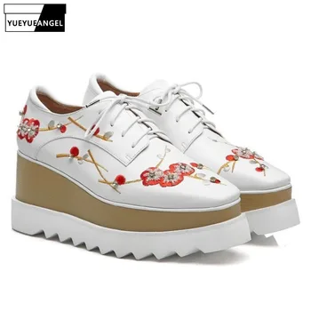 

Brand New Women Floral Embroidery Wedges Shoes Thick Platform Lace Up Casual Streetwear Creeper Genuine Leather Square Toe Shoes