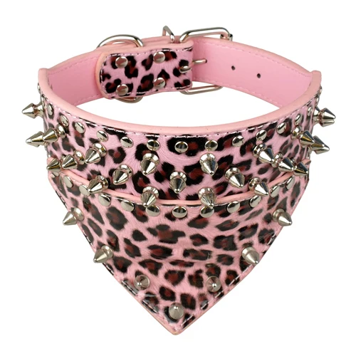 Дизайн Шипованный ошейник для собак из искусственной кожи ошейник для питомцев С банданой на шею размер для 15-24 для пород S/M/L - Цвет: Pinkleopard