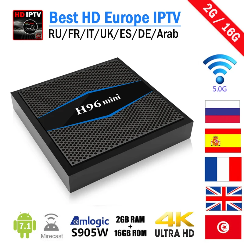 

H96 Mini Android 7.1 Smart TV Box Best HD HEVC 2000+ Channels Spain Germany UK Arabic French 2.4G/5G dual wifi BT4.0 Set Top Box