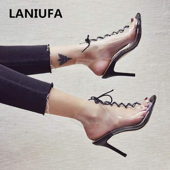 

Summer Women Shoes Sexy PVC High Heels Sandals women Ladies Lace-up Casual Peep Toe Pumps Party Women Sandals Shoes mujer #761