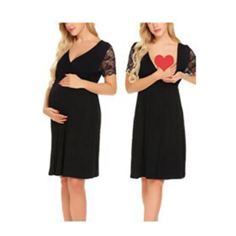 Моденюма для беременных платье модные длинные платья для кормящих женские Сестринское дело с v-образным вырезом лоскутное тонкое платье для кормления грудью - Цвет: AZ2002 black