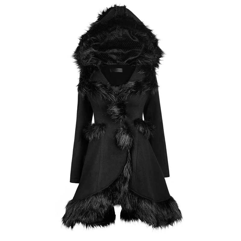 Панк рейв Готическая Лолита женские меховые шубы с капюшоном стимпанк модные черные с длинным рукавом Теплые Длинные куртки верхняя одежда пальто