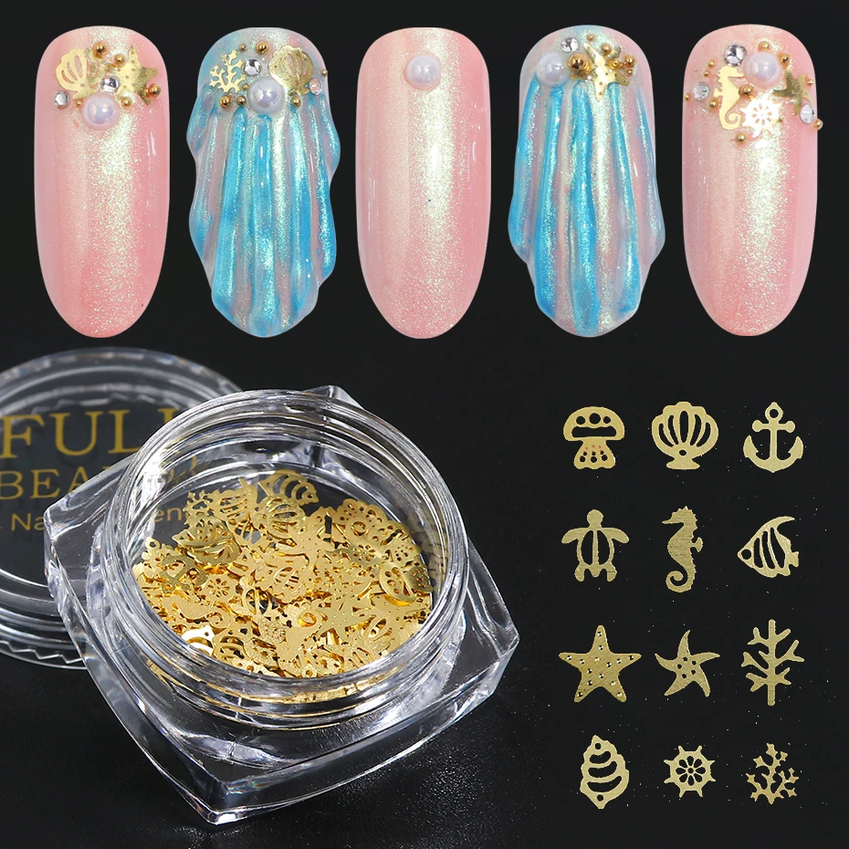 120pcs Gold Metallic Slice Nail Art Alloy Sea Shell Flakes Shining Nail Sequins Decorations 3D Metal Paillette Charms BE970-A