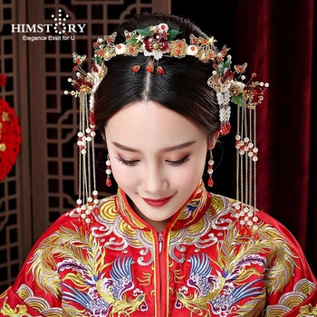 

HIMSTORY Traditional Chinese Bride Headdress Costume Hair comb Floral Hairpin Wedding Hairwear photography Hair Stick Accessory