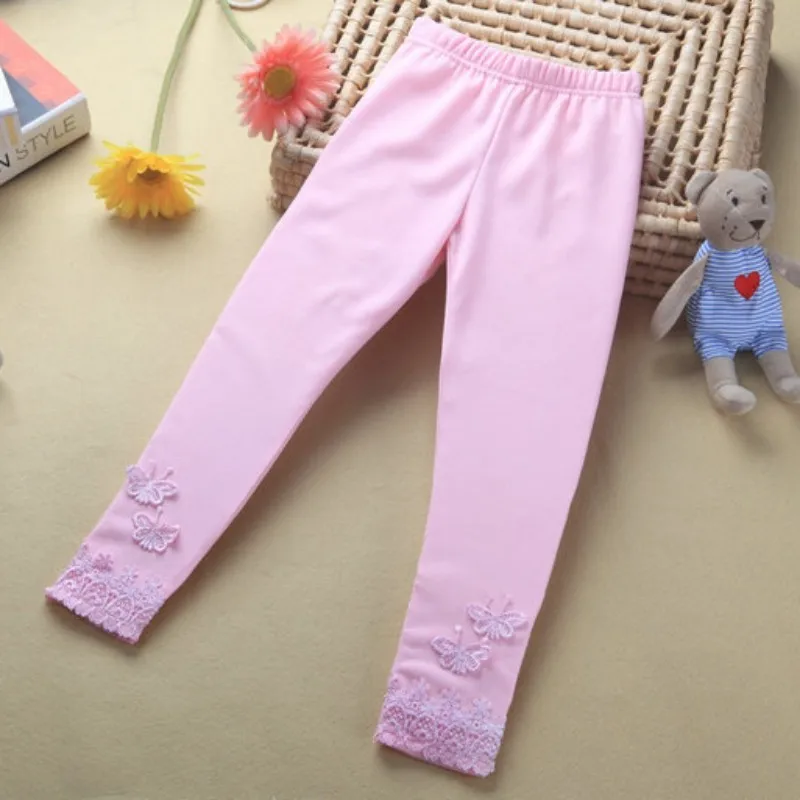 Детские осенние Однотонные эластичные штаны с кружевом и бабочками для маленьких девочек Теплые брюки для девочек плотные однотонные леггинсы для малышей