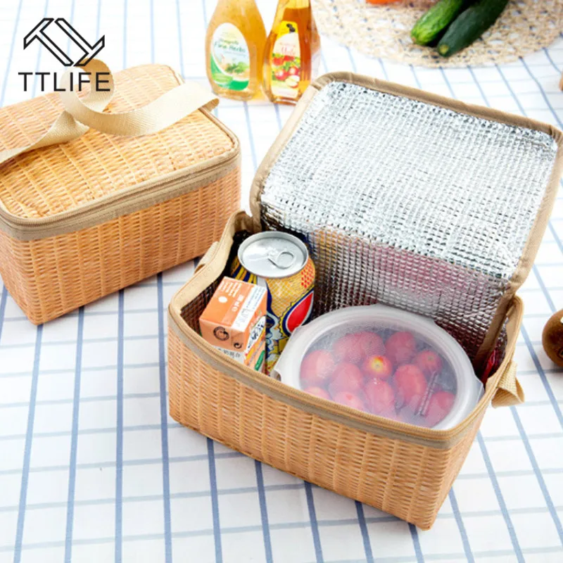 

TTLIFE Portable Zipper Tote Outdoor Travel Organizer Imitation Rattan Lunch Storage Bag Box Insulated Thermal Lunch Box Unisex