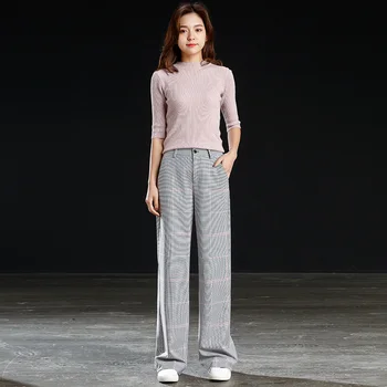 

2019 new women's spring high waist wide leg pants women's trousers Korean version of the large size loose plaid casual pants