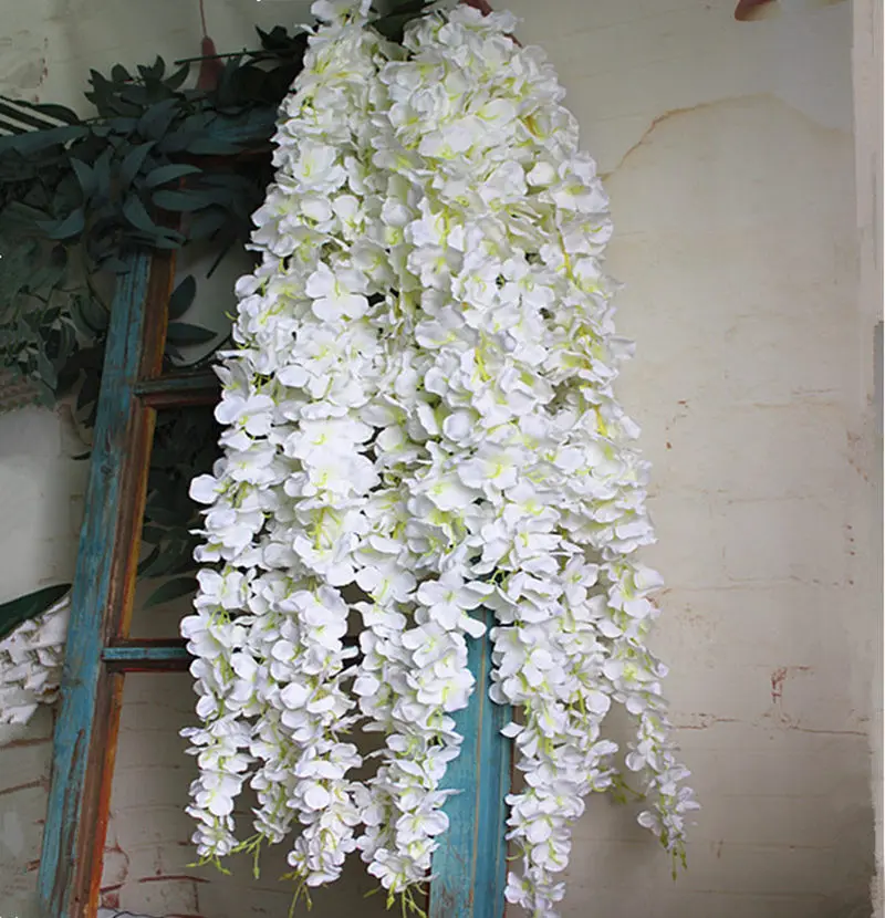 Белых цветов глицинии из ротанга с листьями шелковые искусственные цветы селинг настенный цветок лоза свадебное украшение