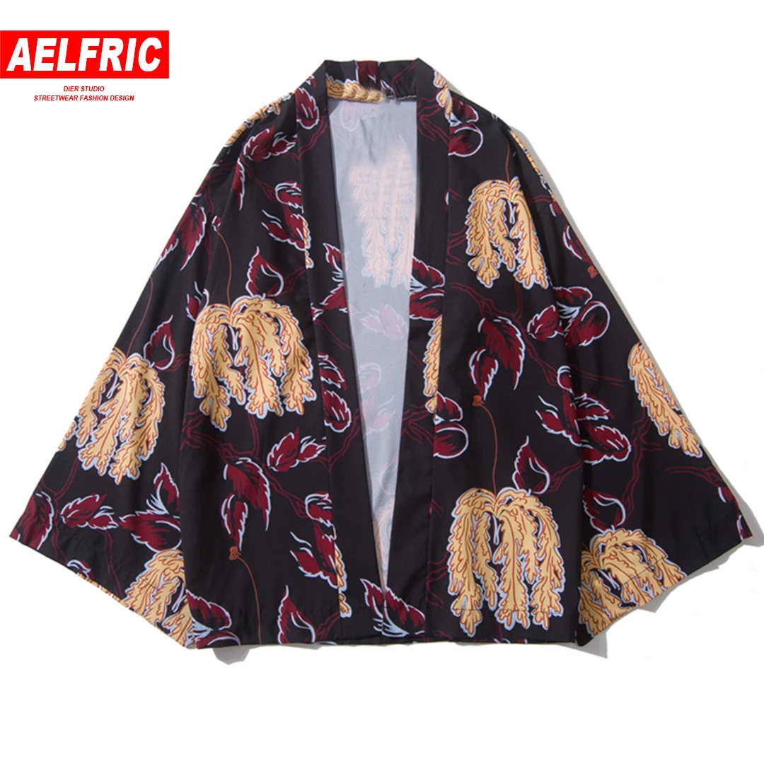 

AELFRIC Open Stitch Jackets Men Three Quarter Sleeve Oversize Outwear Leaf Print 2019 Spring Summer Beach Sunscreen Jacket Coat