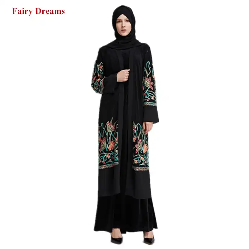 Hitam Gamis Wanita Dubai Coat Muslim Kaftan Bordir Bunga Panjang