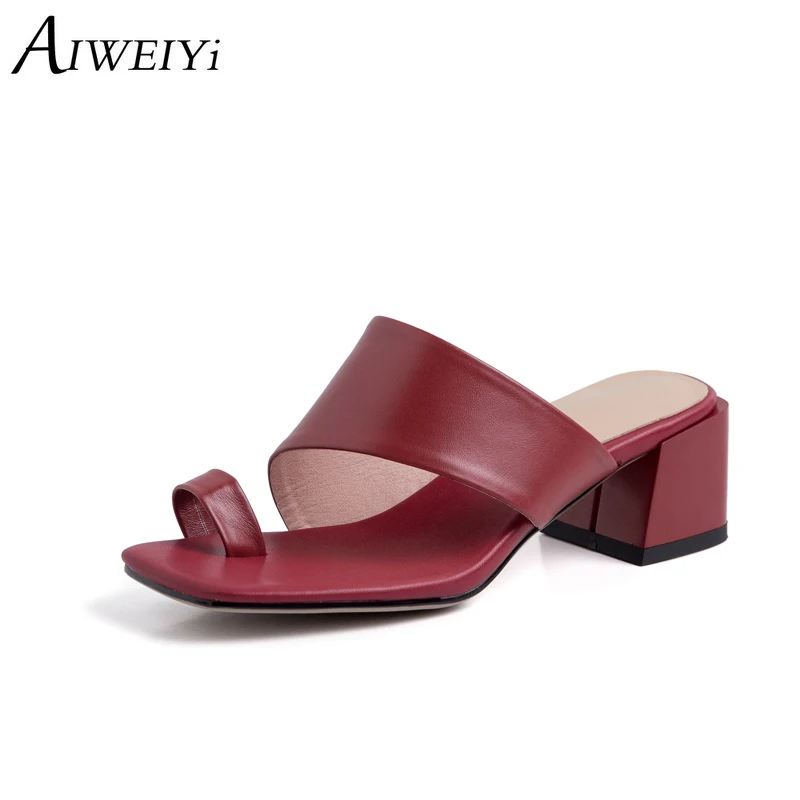 

AIWEIYi Women Cow Leather Slippers Black Red Square Heel High Heels Outside Slides Slippers Genuine Leather Flip Flops
