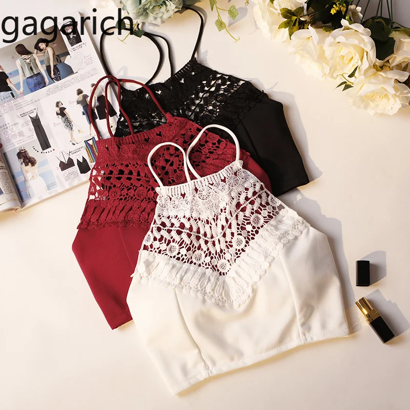 

Gagarich Women Shirts 2019 Beautiful Back Lace Splicing Sling Short Leakage Belly Umbilical Back Hanging O-neck Vest