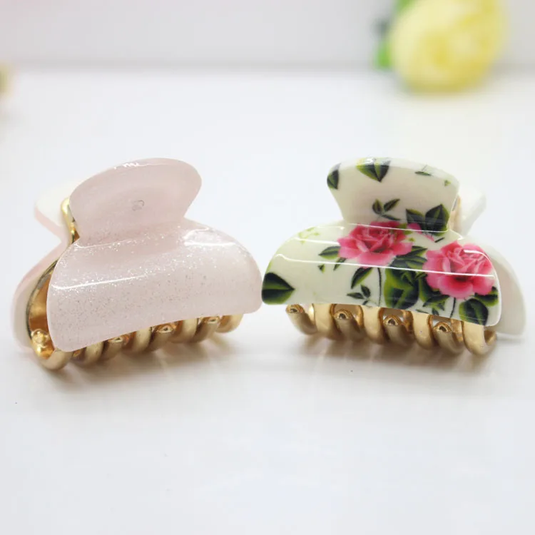 2 Pcs/ set flower printed hair claws 4cm bling plastic hair clips fancy glitter hair claw clips