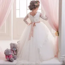 Элегантные Платья с цветочным узором для девочек на свадьбу, бальное платье, белый кружевной тюль, длинные платья с бантом для первого причастия, платье принцессы для маленьких девочек