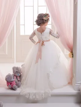 

Elegant Flower Girl Dresses For Weddings Ball Gown White Tulle Lace Bow Long First Communion Dresses Little Girl Princess