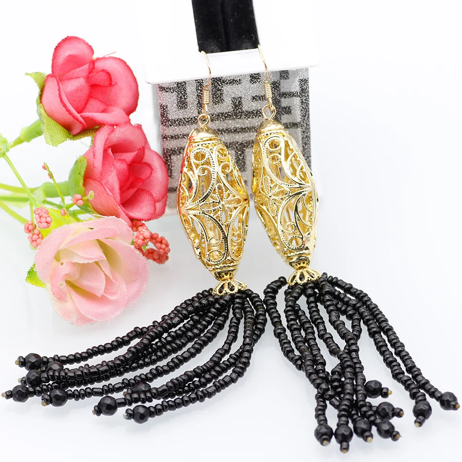 NEOVISSON African Bead Tassels Dangle Earrings For Women Gold Color Hollow Birdcage Ball Hook Wedding Earring Indian Jewelry | Украшения и
