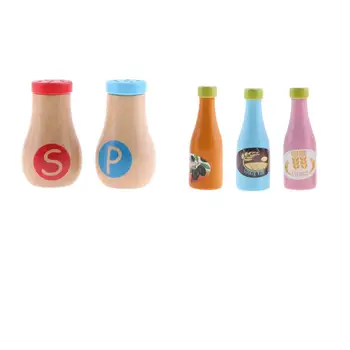 

5 Wooden Condiments Bottles Kitchen Pretend Play Role Playing Game Educational Toys Birthday Gift for Children Kids
