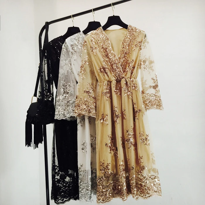 

New 2019 Summer Dresses Hollow Out Women Long Sleeve Elastic Waist Sequins Casual Black Lace Dress Femininas Vestidos E692