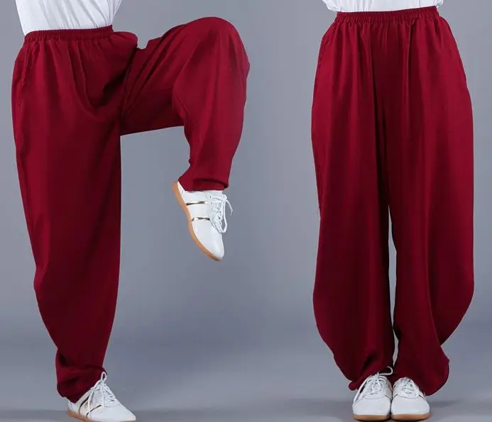 Новые эластичные штаны унисекс Тай Чи боевые искусства, ушу Кунг блумеры для кунг-фу gongfu Кунг фу брюки весна и осень красный/черный/серый - Цвет: dark red