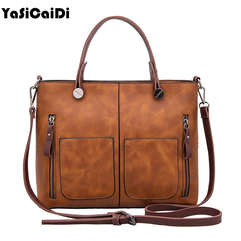 

YASICAIDI Fashion Women Oil Leather Shoulder Bag Large Capacity Luxury Designer Black Leather Double Pocket Bags Casual Tote Bag