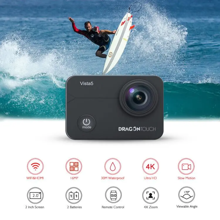 Dragon Touch Vista 5 Экшн камера 4K 30fps Встроенный микрофон подводный водонепроницаемый wifi