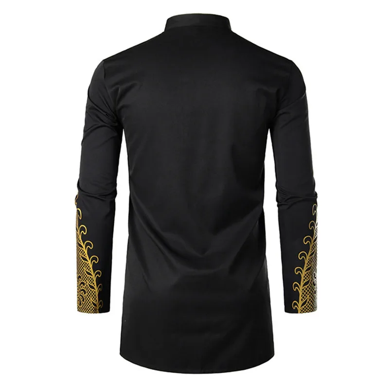 African Golden Polished Dress Shirts Long Tunic Mens Fashion Print Button Up Bridegroom Top Stand Collar Clothes Black Plus Size