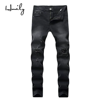 

HMILY Skinny Black Jeans Men Summer Vintage Denim Pencil Pants Casual Stretch Trousers Sexy Hole Ripped Male Zipper Jeans