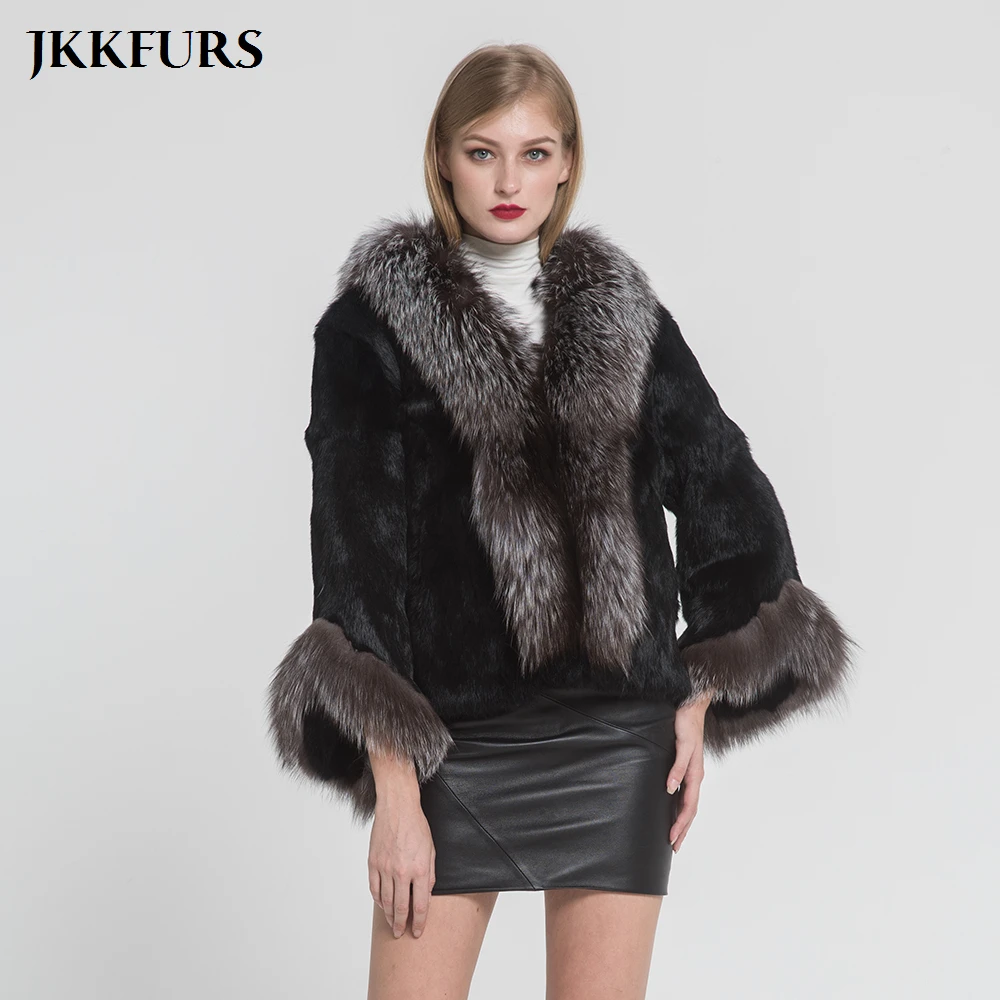 

Women's Fur Jacket Fashion Real Rabbit Fur Coat With Silver Fox Fur Collar Winter Thick Warm Fur High Quality Outerwear S7354