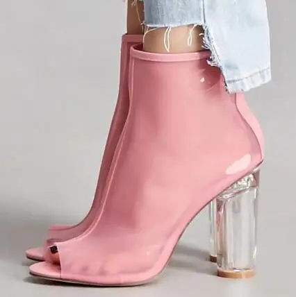 

Fashion High Block Heels Transparent Ankle Boots Pink Leather Peep Toe PVC Gladiator Sandal Bootie For Women Sexy Dress Shoes