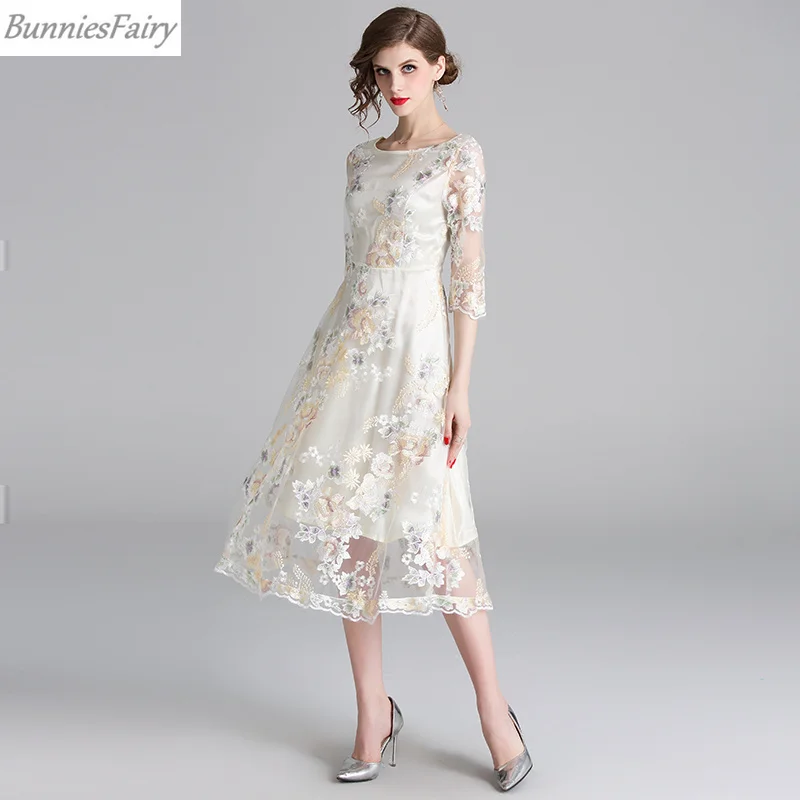 Bunniesfairy сезон: весна–лето Для женщин сладкие В стиле принцессы цветочное бежевое платье с цветочной вышивкой платье миди платье для отдыха на пляже, одежда