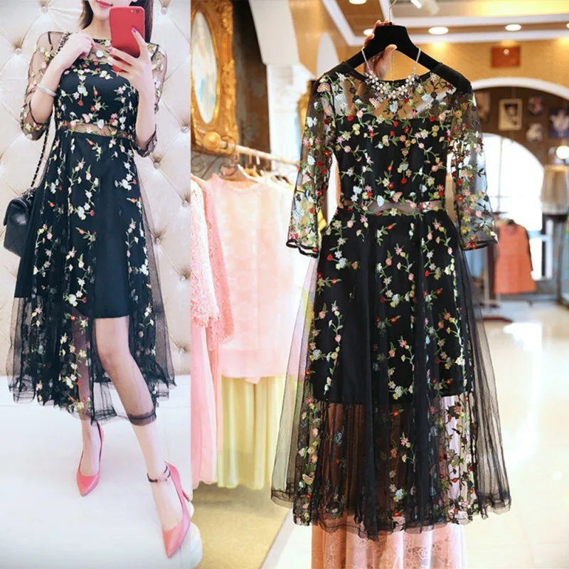 

Embroidery Lace Mesh Dresses Boho Vintage Floral Fashion Runway Dress Casual See Through Vestidos