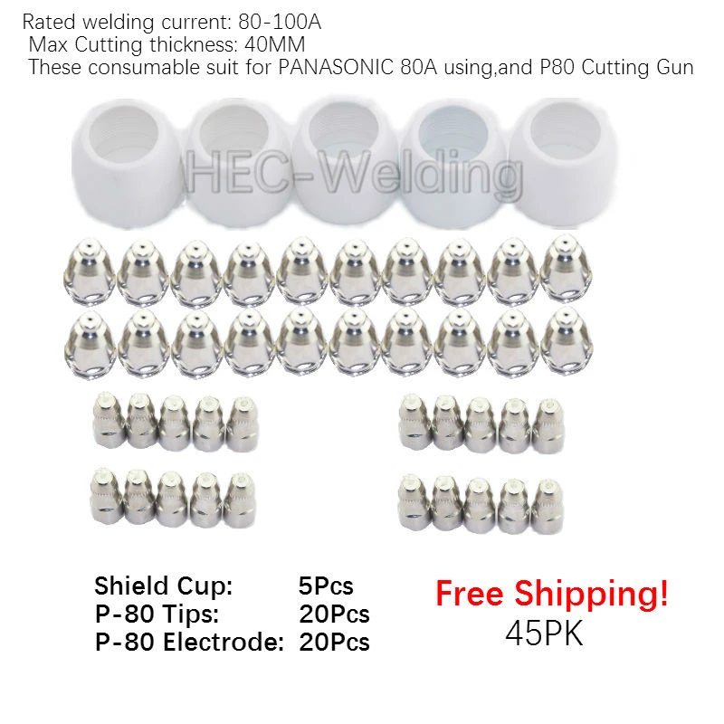P-80 Plasma Cutting Torch Consumables Kits Electrode Tip Shield Cup 45pcs New