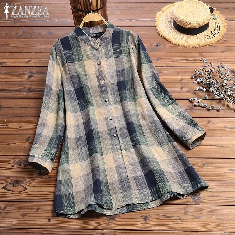 

Plus Size Women's Autumn Blouse Check Tops 2019 ZANZEA Vintage Long Sleeve Shirts Female Button Plaid Blusas Mujer Casual Tunic