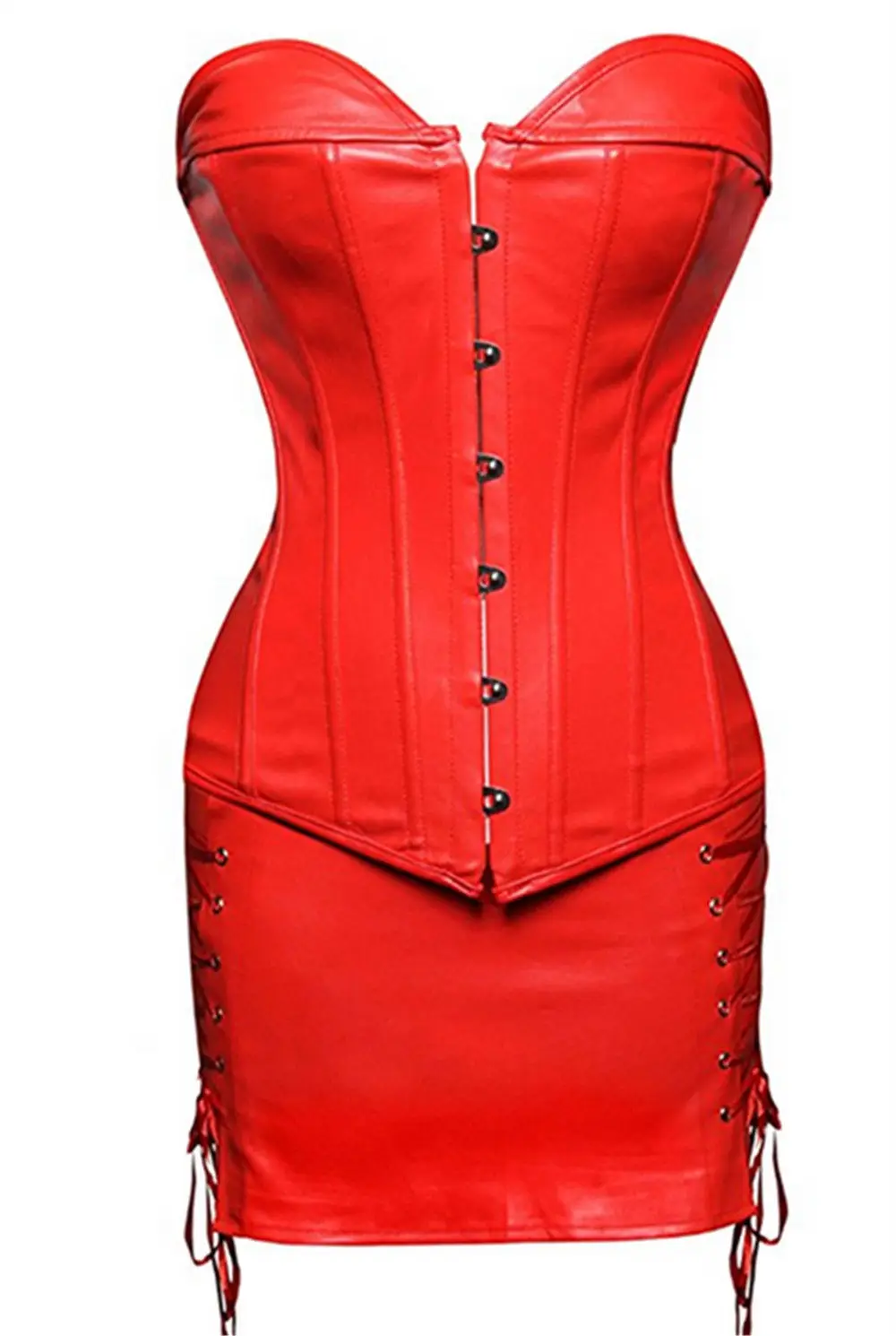 Стимпанк корсет сексуальное женское корсетное платье готическое боди шейпер мини-юбка платье без бретелек черная искусственная кожа овербюст размера плюс - Цвет: Красный