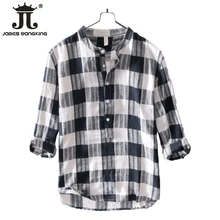 Новейшая мужская повседневная Клетчатая Рубашка льняная рубашка с длинными рукавами с воротником-стойкой рубашка пуловер рубашка-55% лен 45% хлопок-XXL