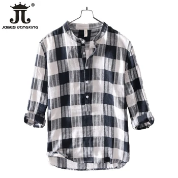 

2019 Newest Men's Casual Plaid Shirt Linen Long-sleeved Shirt Stand Collar Shirt Pullover Shirt -55%Linen 45%cotton -XXL