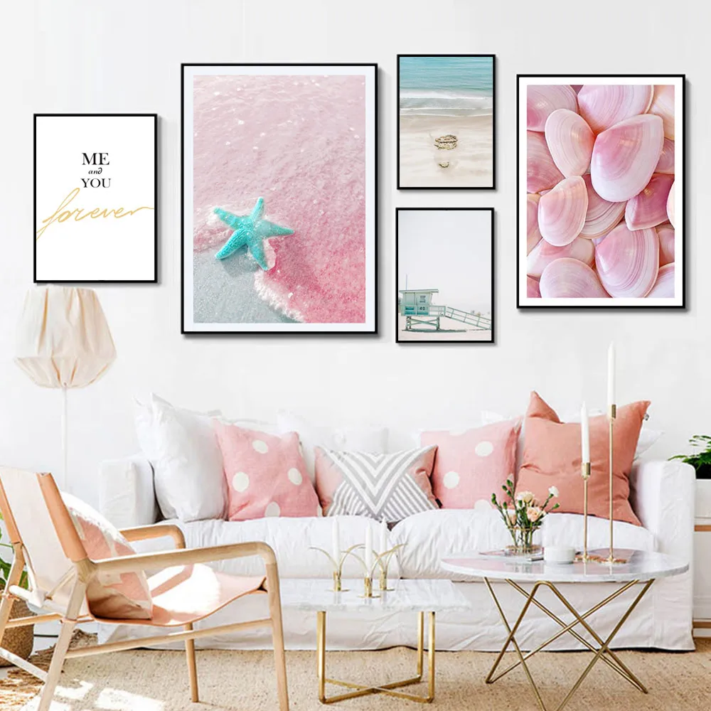 Pink Beach Nordic Poster Girl Room Posters And Prints Wall Pictures For Bed Room Landscape Wall Poster Canvas Painting Unframed