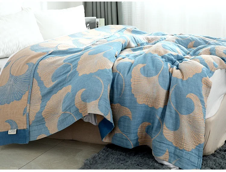 Junwell Cotton Muslin Summer Blanket Bed Sofa Travel Breathable Chic Ginkgo Leaf Thread Large Soft Throw Blanket